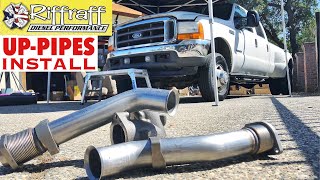 2001 F350 73  RiffRaff UpPipes Install  Stock up pipes leaking and falling apart JUNK SP [upl. by Myrvyn]